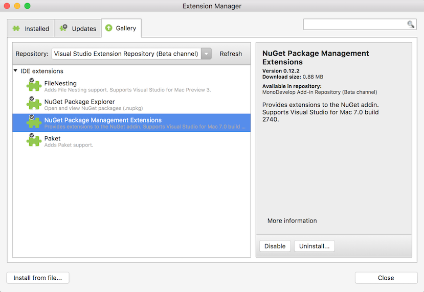 NuGet package management extension addin in the addin manager dialog