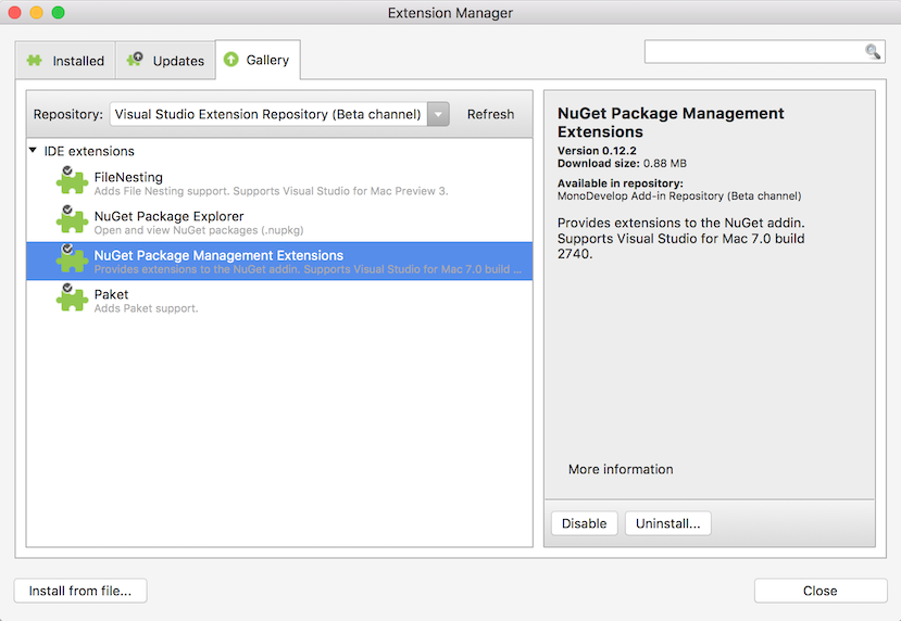 extension packages for visual studio mac