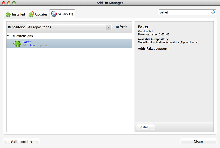 Paket addin in the addin manager dialog