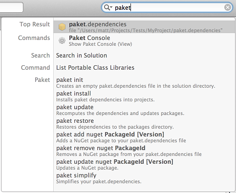 Paket commands in unified search