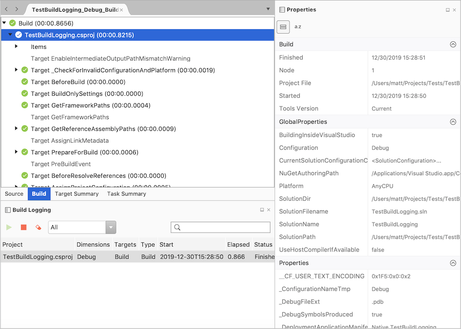 MSBuild Binary Log File - Build tab - Properties window