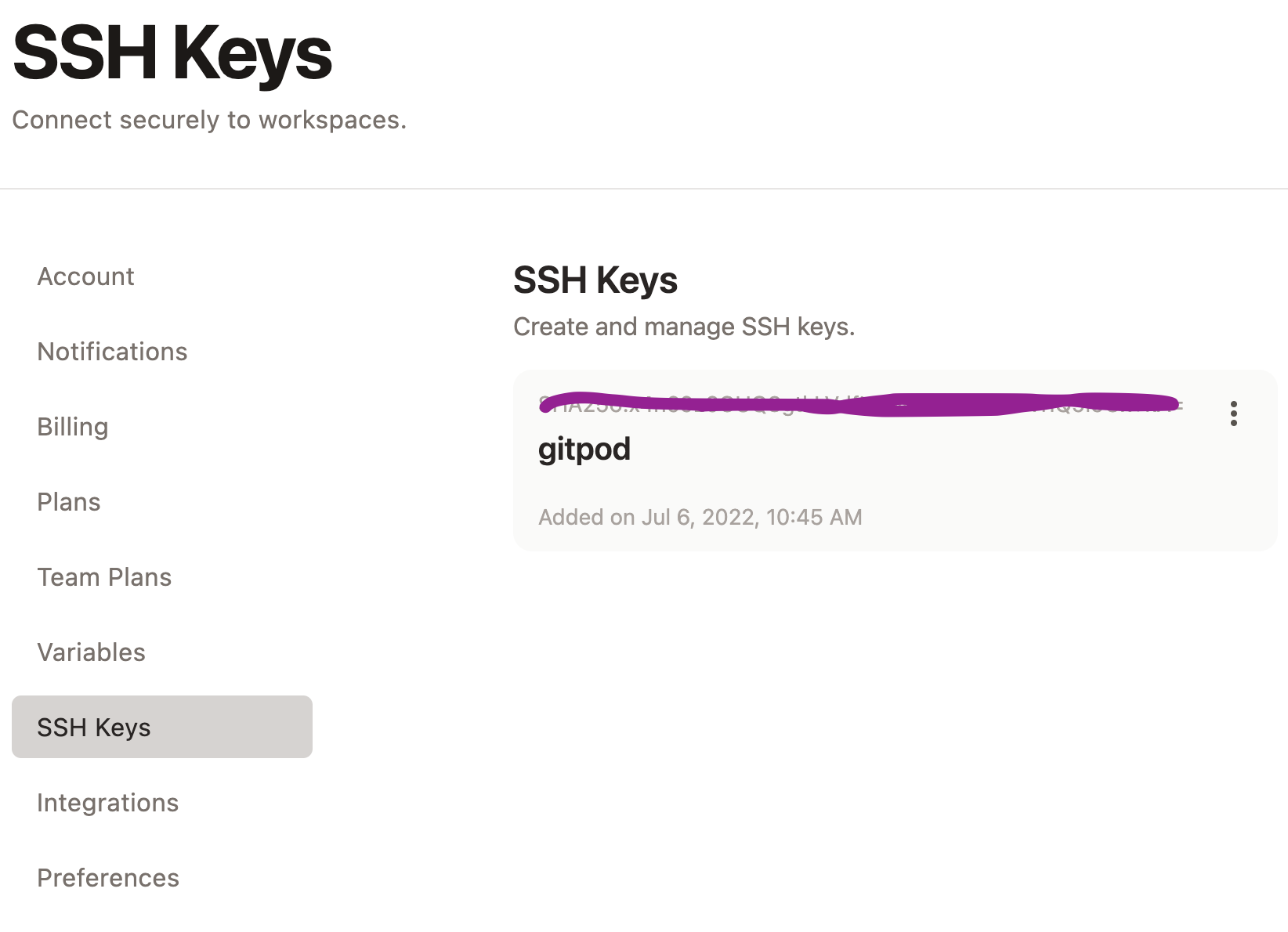 Screenshot of SSH Keys Setting