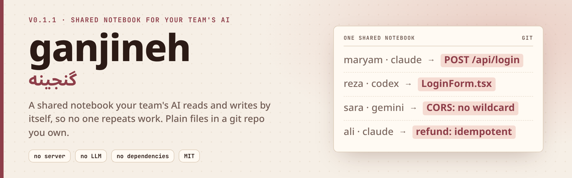 ganjineh (گنجینه): a shared notebook that your team's AI helpers read and write by themselves, kept in a git repo you own.