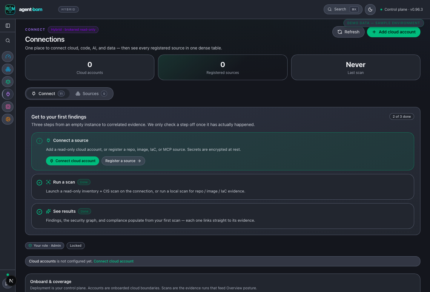 Connections hub with connector gallery across cloud, code, AI, and data sources