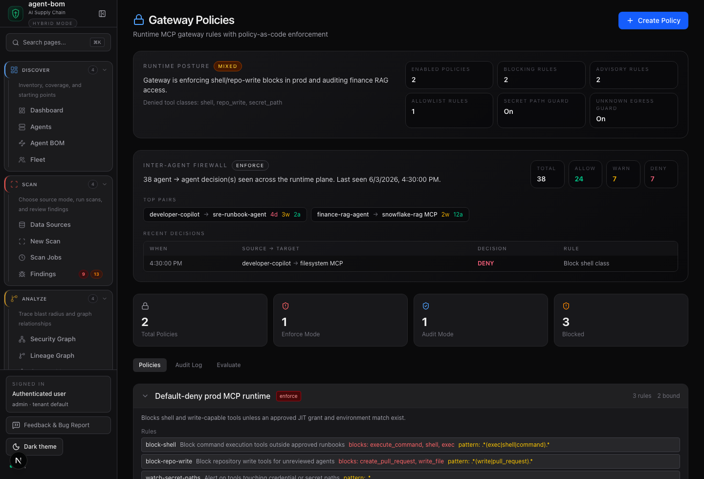 agent-bom gateway policy dashboard showing advisory runtime posture, enabled policy count, rule counts, and bound agents