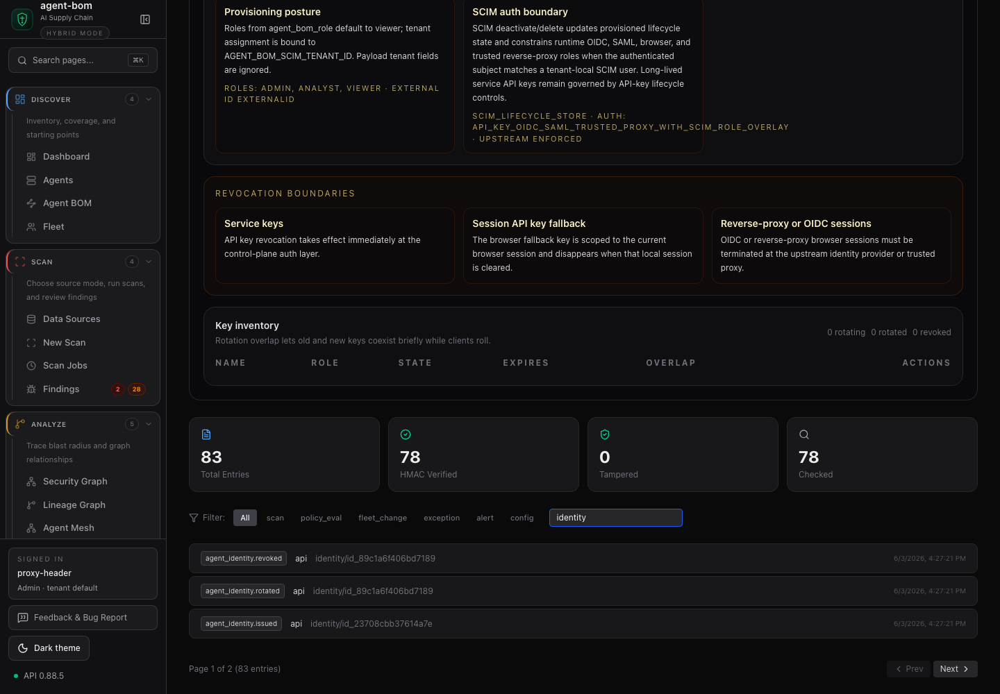 agent-bom audit log filtered to identity lifecycle events with HMAC integrity counters and issue, rotate, revoke rows
