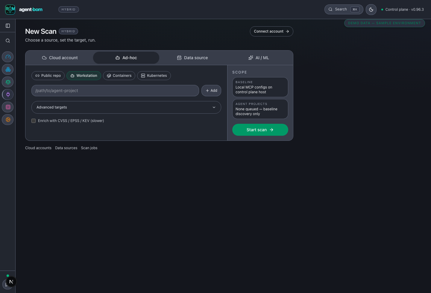 New Scan form with connected account, ad-hoc, and public repo modes