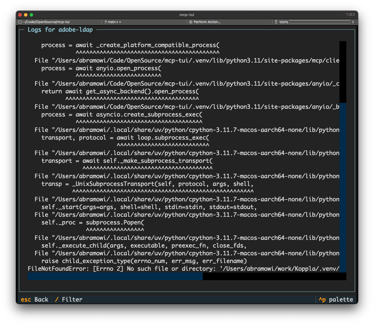 Show logs for an MCP server