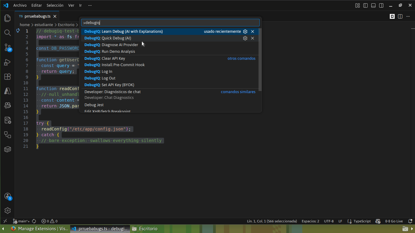 Command palette showing DebugIQ commands