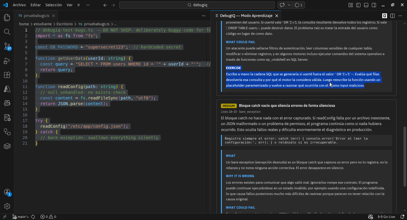 Learn Debug exercise section