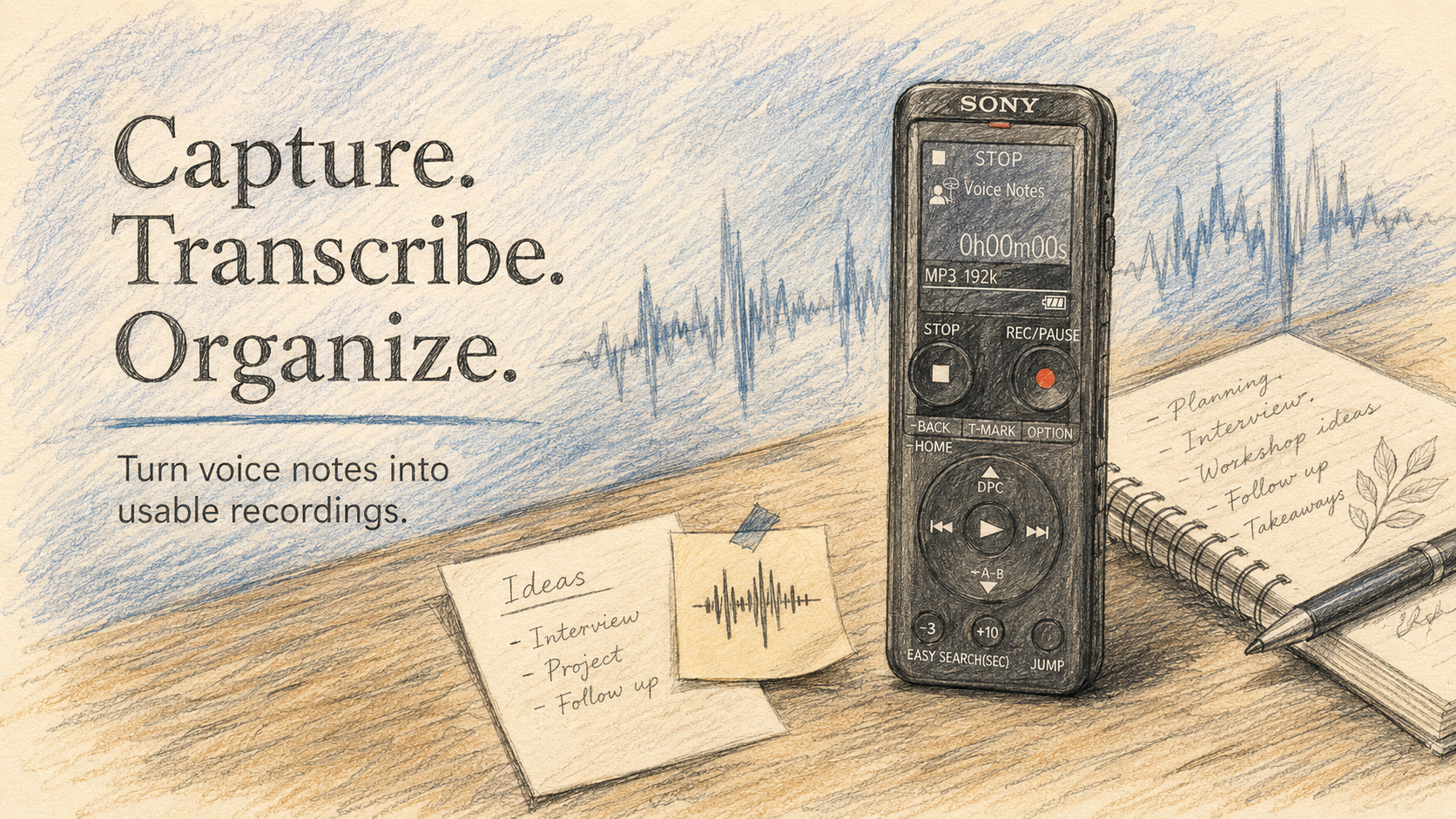 Capture. Transcribe. Organize. — turn voice notes into usable recordings.