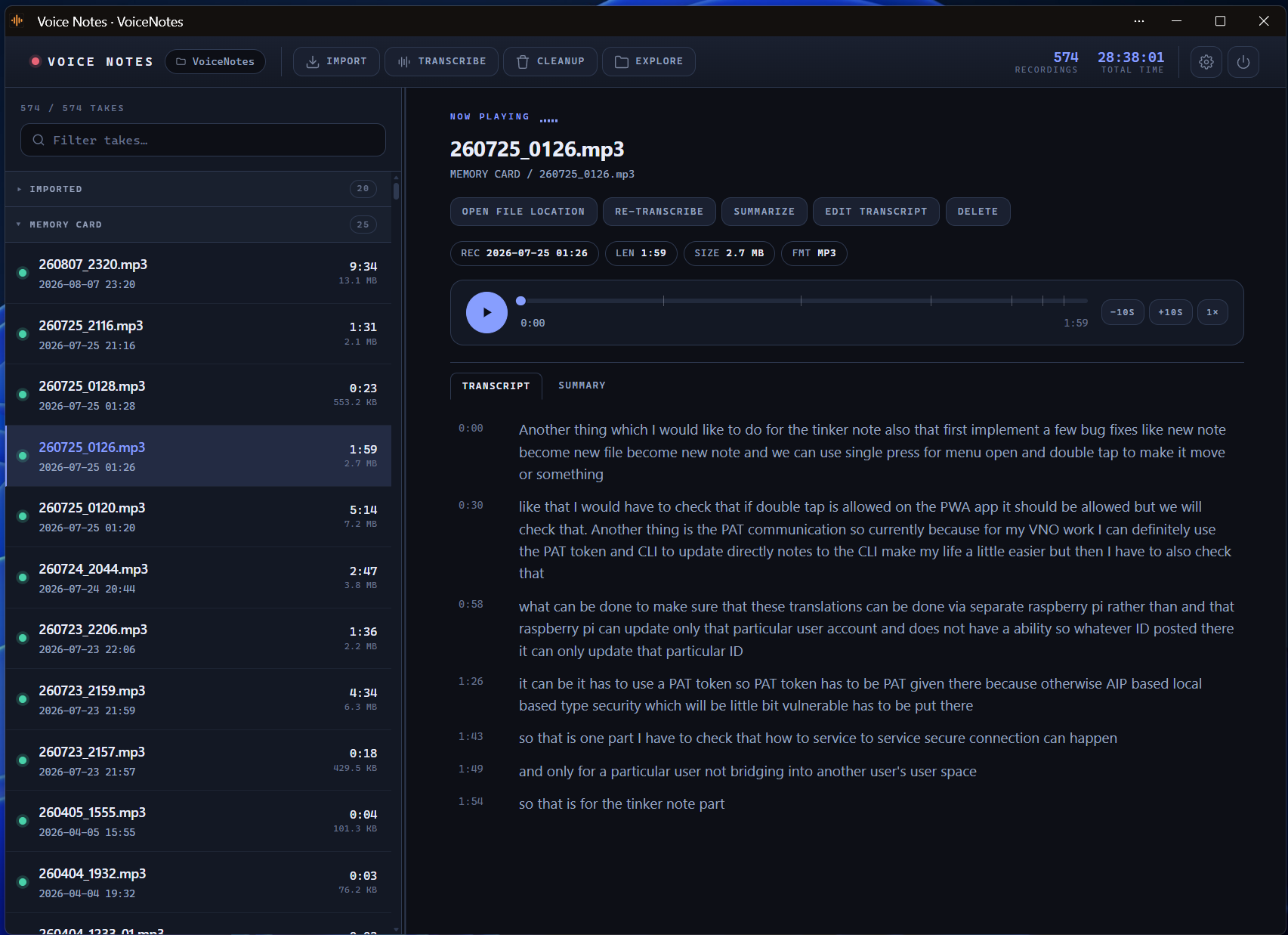 The Voice Note Organizer browser UI: takes list on the left, playback deck and follow-along transcript on the right.