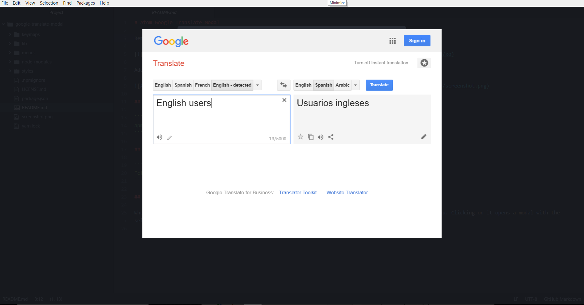 Atom Google Translate Modal