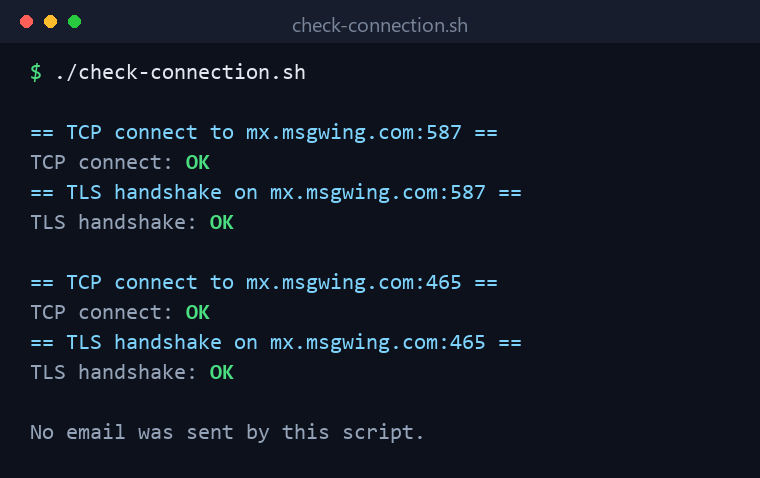 Connectivity check against mx.msgwing.com