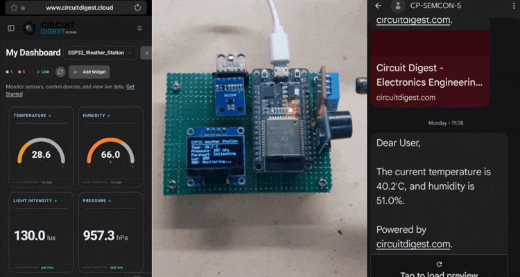 IoT indoor weather monitoring system live dashboard showing temperature, humidity, pressure and light readings on OLED and CircuitDigest Cloud