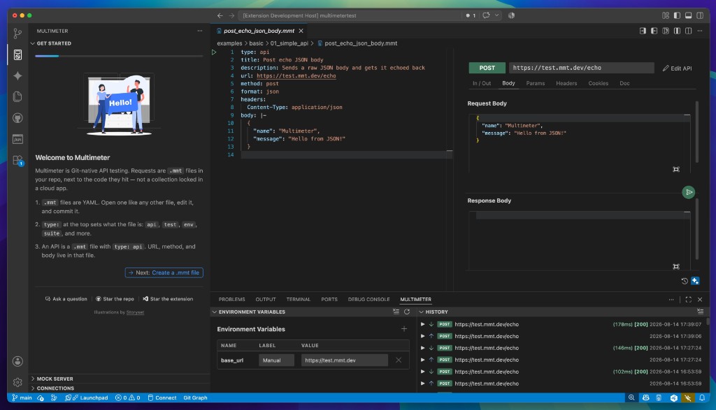 Multimeter — Get Started, YAML, and API tester