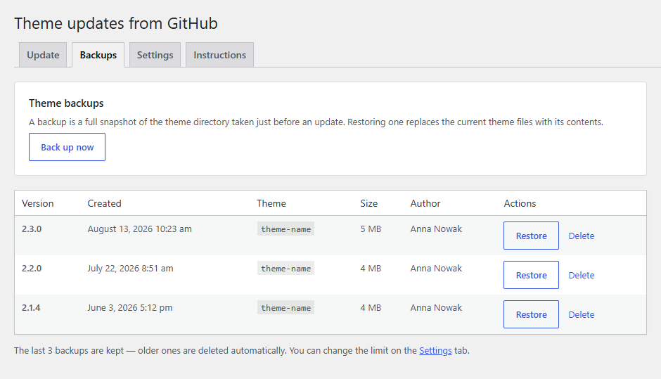 Backups tab