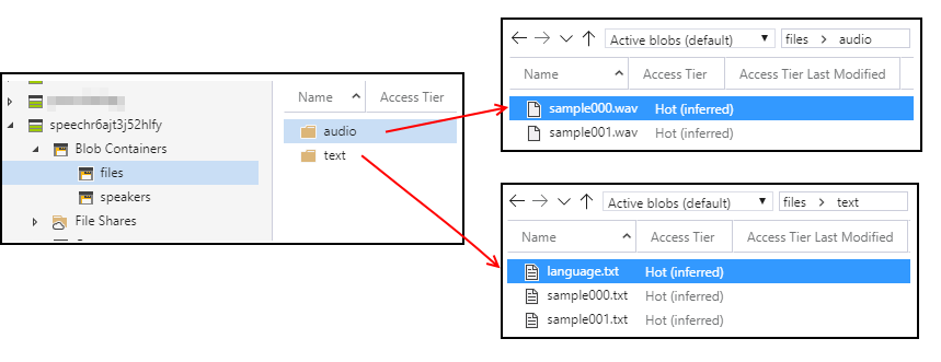 Audio and text folders in Azure Storage