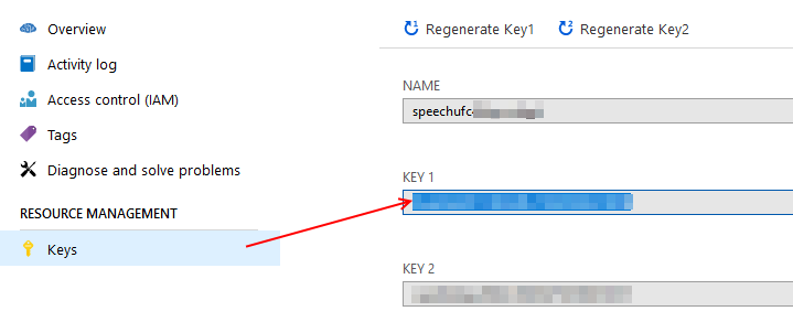 Azure Portal, speech keys