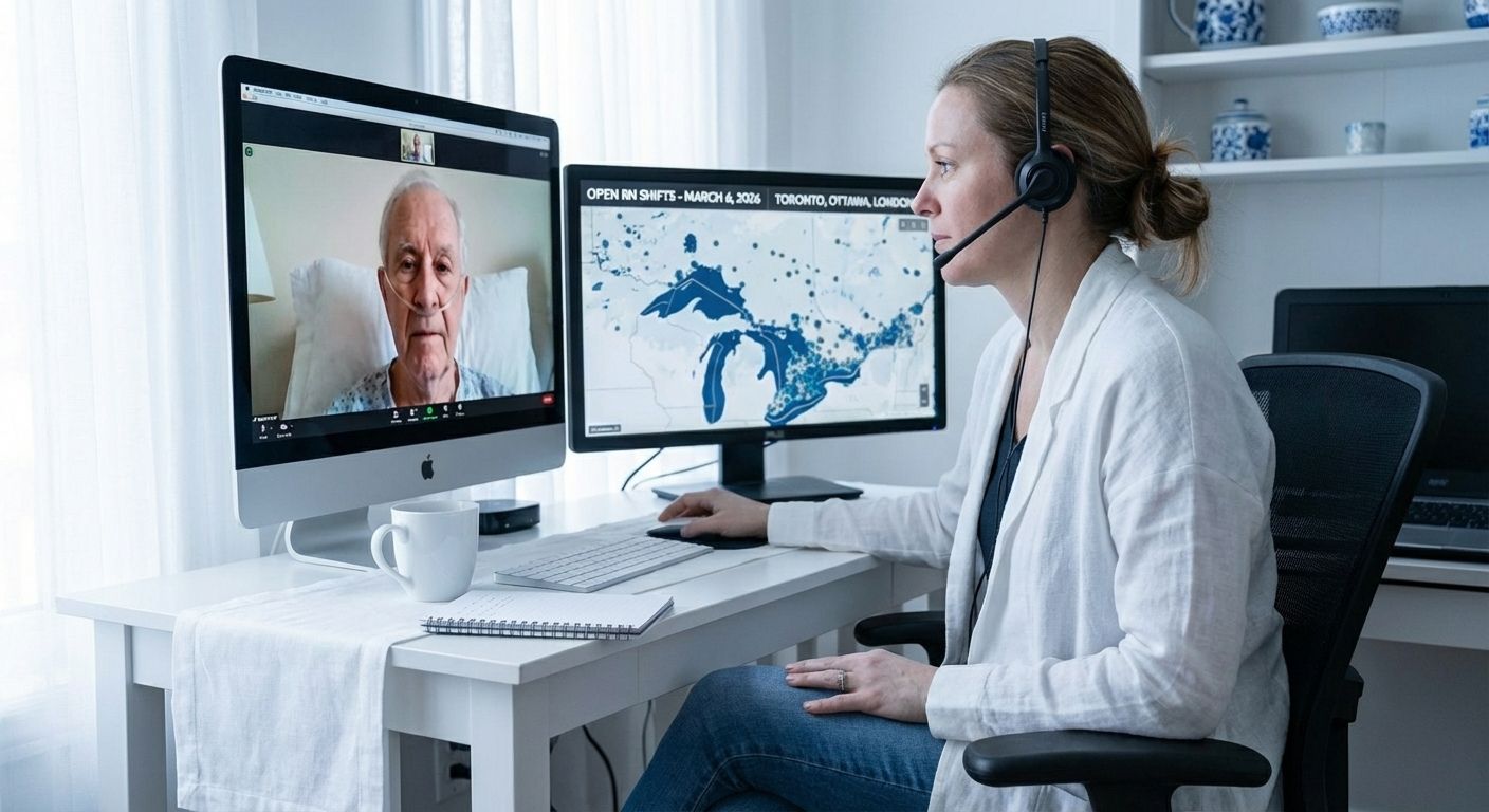 Virtual nurse monitoring patient data on dual screens while conducting a video assessment, representing the ProRN Inc. Dyad Model