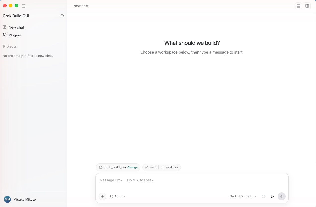 Grok GUI on macOS — session sidebar, workspace and branch picker, and the message composer