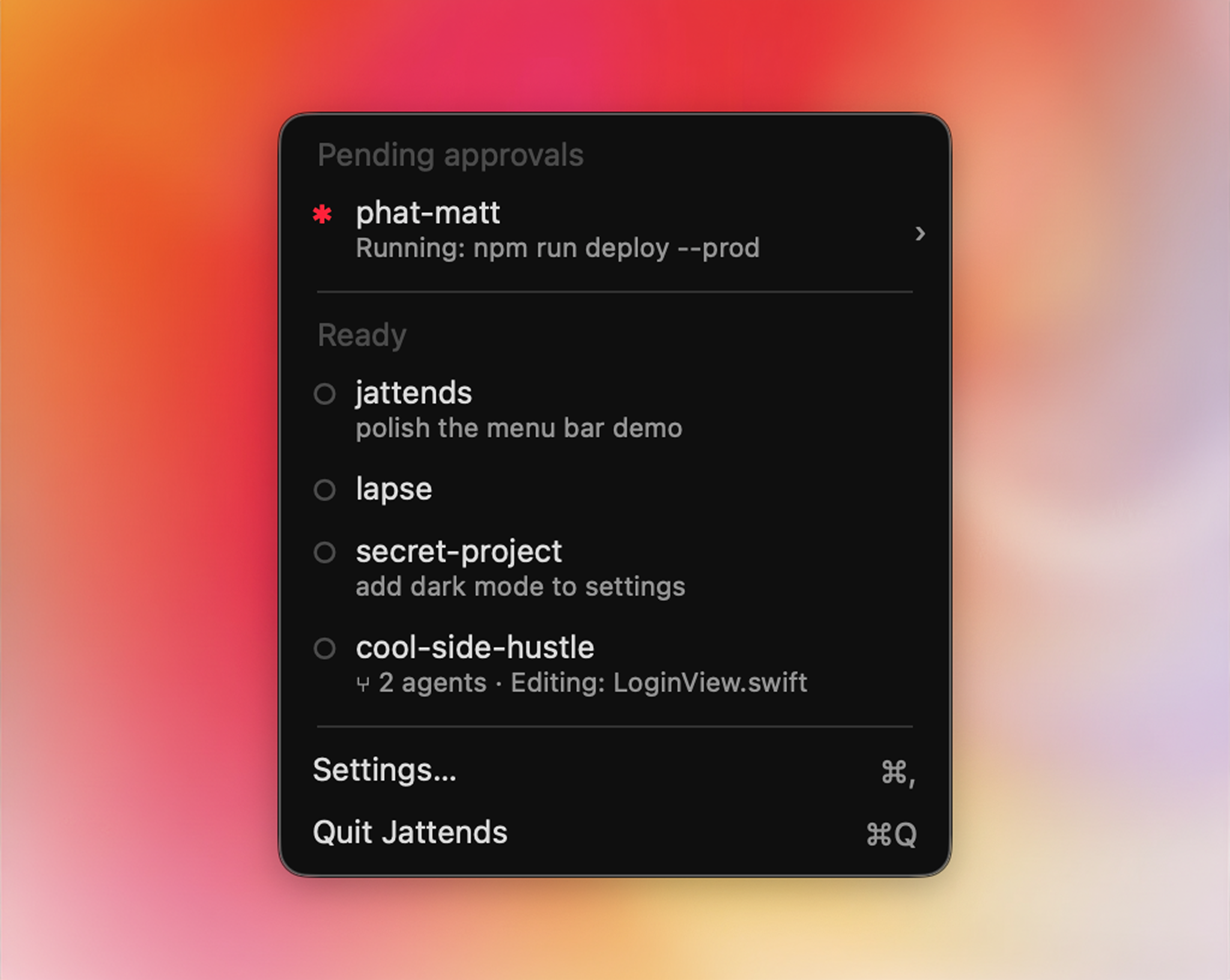Jattends menubar dropdown