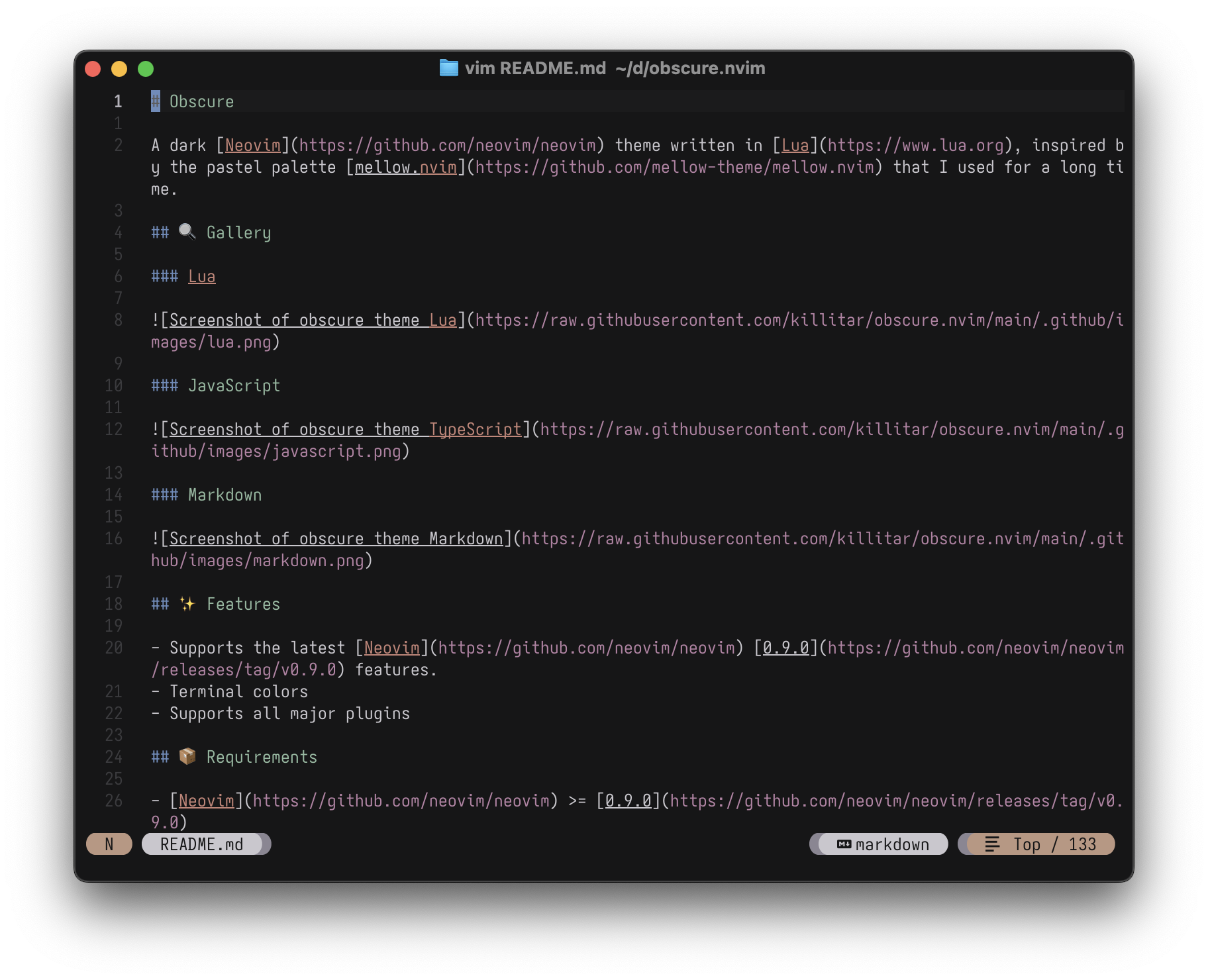 Screenshot of obscure theme Markdown