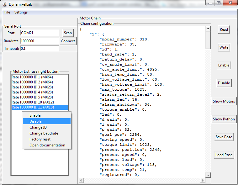 Main window of the Dynamixel Lab GUI