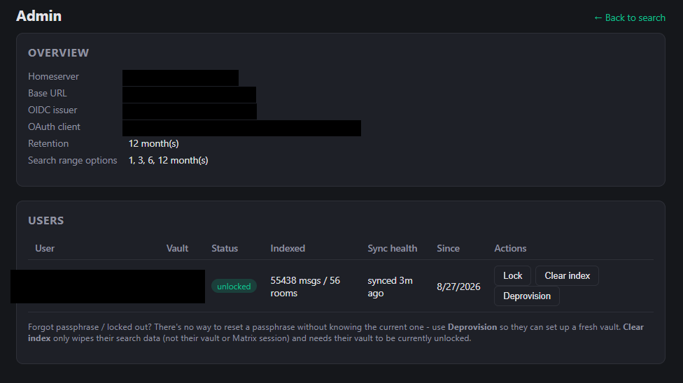 Admin panel showing overview and per-user sync health