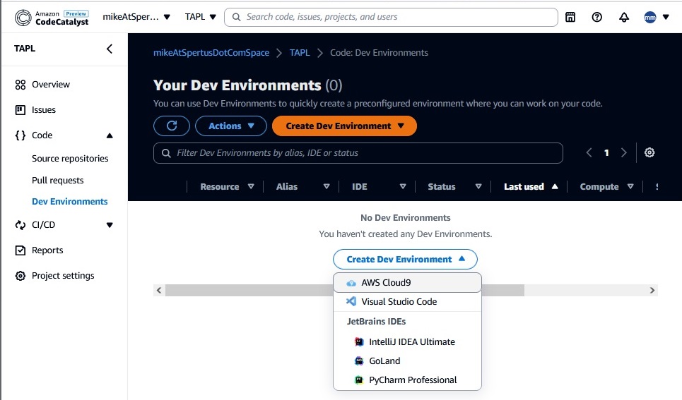 create dev environment screenshot