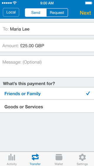 Paypal iOS App: Sending Money