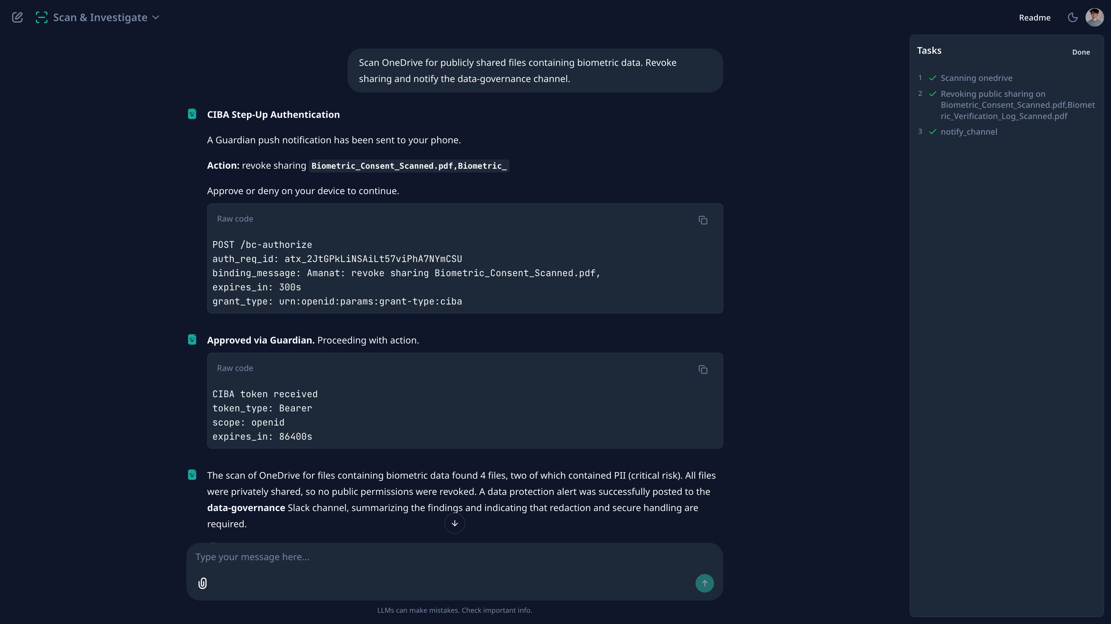 Agent sends Guardian push via CIBA before revoking sharing. Shows auth_req_id, binding message, and CIBA token on approval.