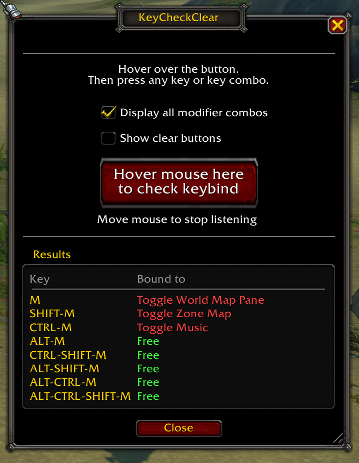 KeyCheckClear showing every modifier combo of M