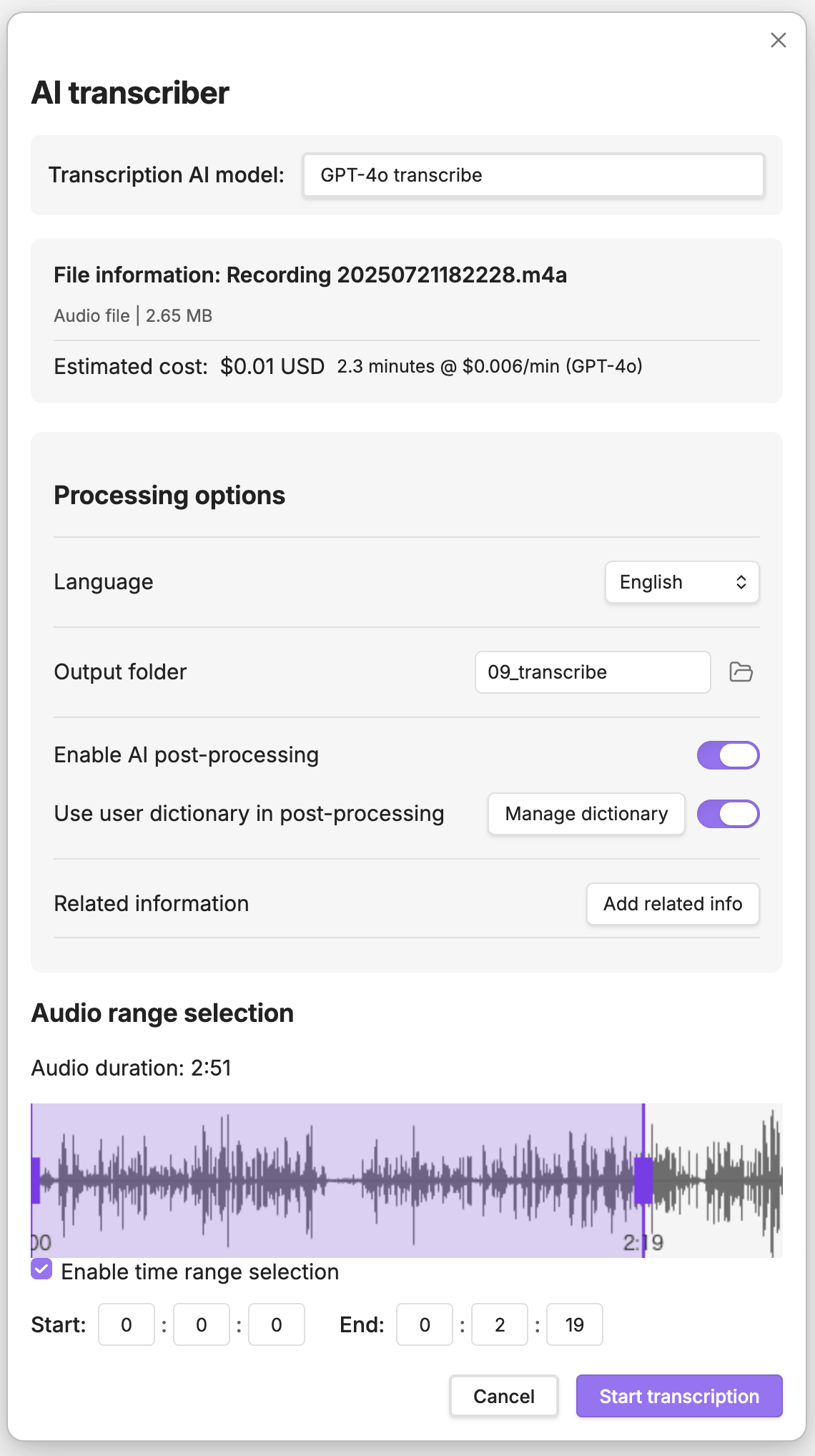 Transcription dialog