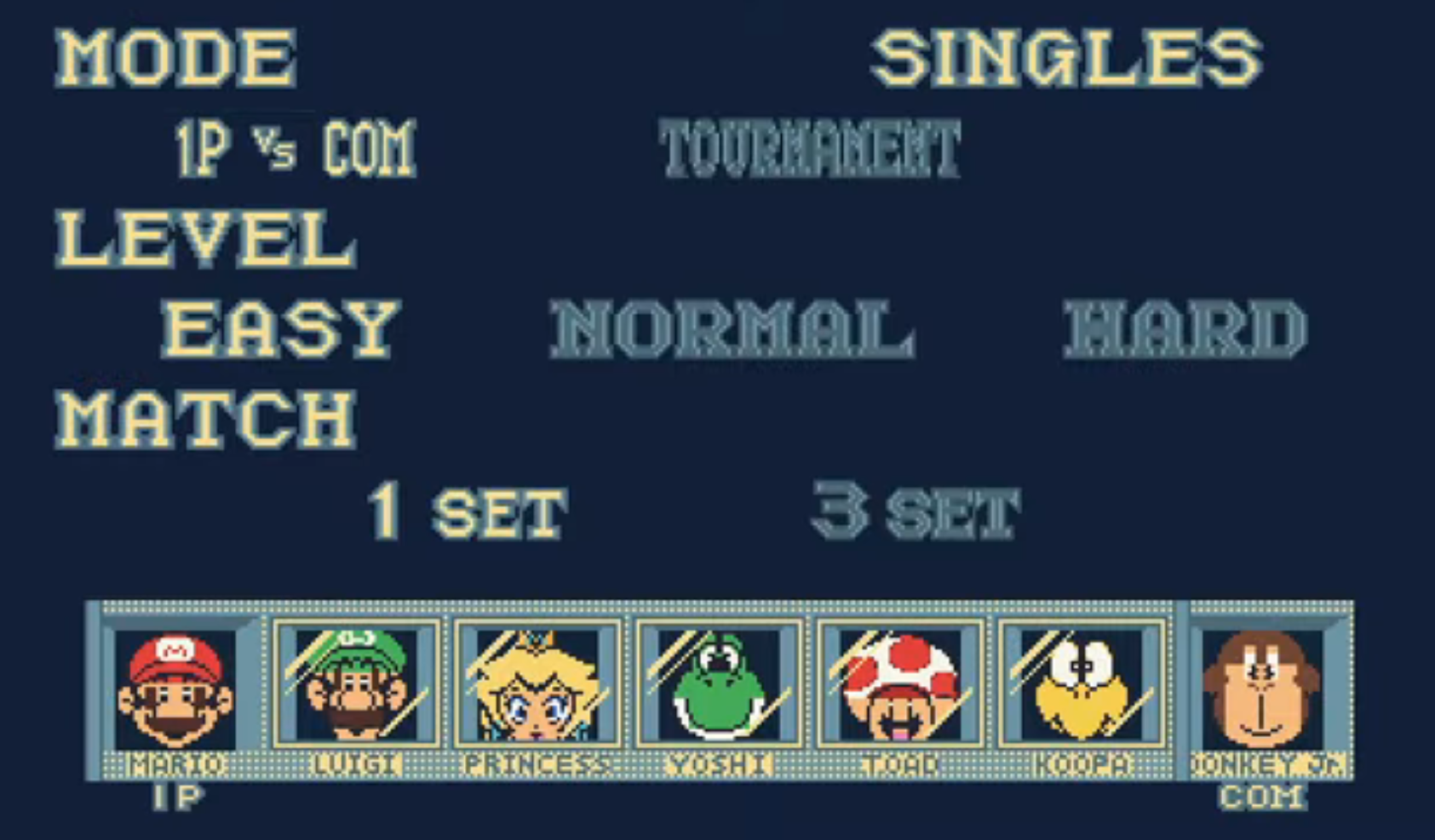 Experimental color mod character selection and match settings, with Mario selected against Donkey Kong