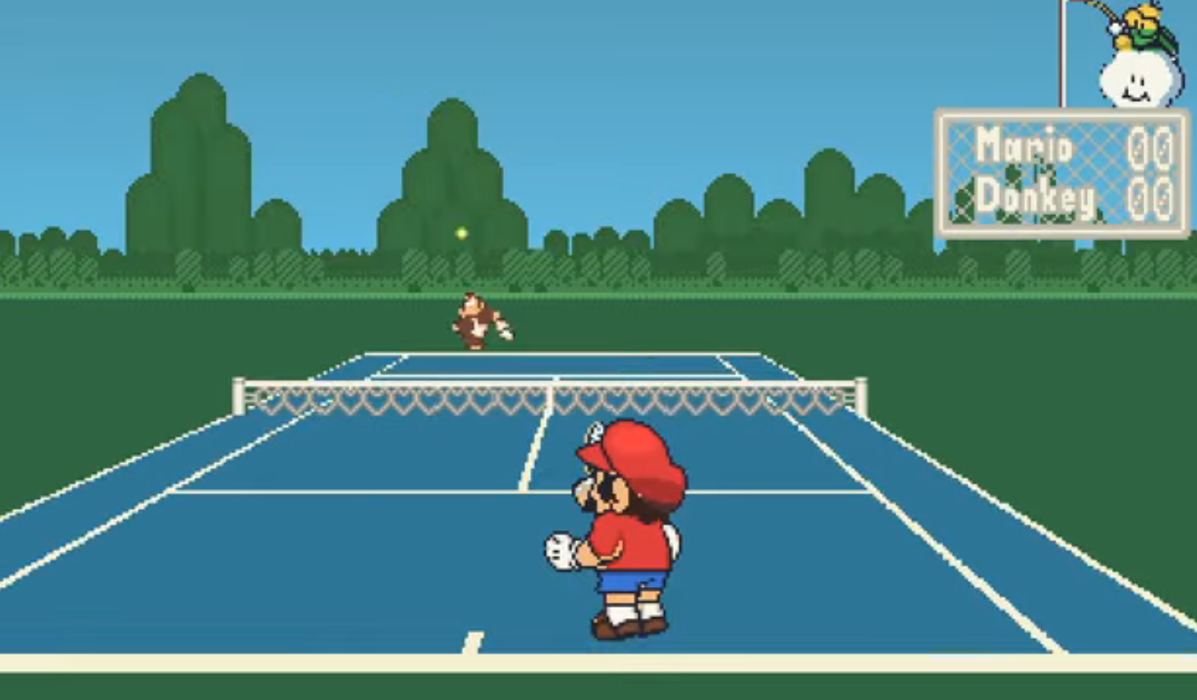 Experimental color mod gameplay: Mario faces Donkey Kong on a blue tennis court with green scenery