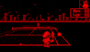 Native red gameplay: Mario swings at the ball against Luigi, with the court and scoreboard visible