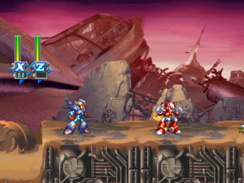 Player one X and player two Zero together in the opening stage, with separate native health bars
