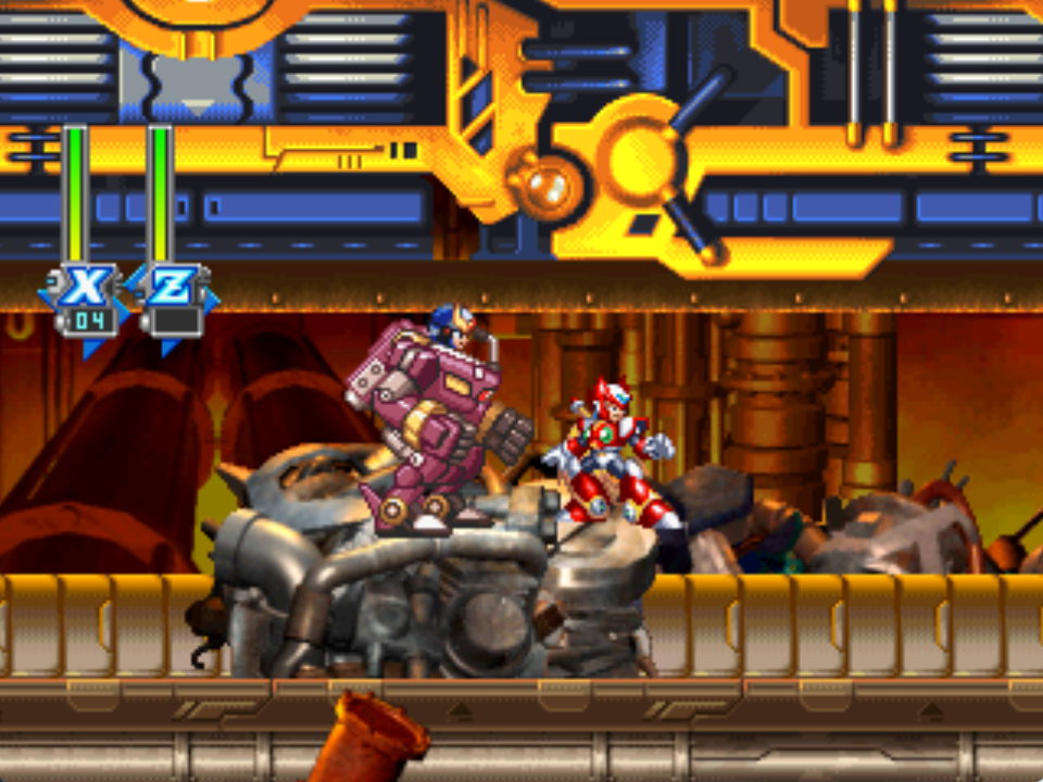 X riding Ride Armor alongside player two Zero in Recycle Lab