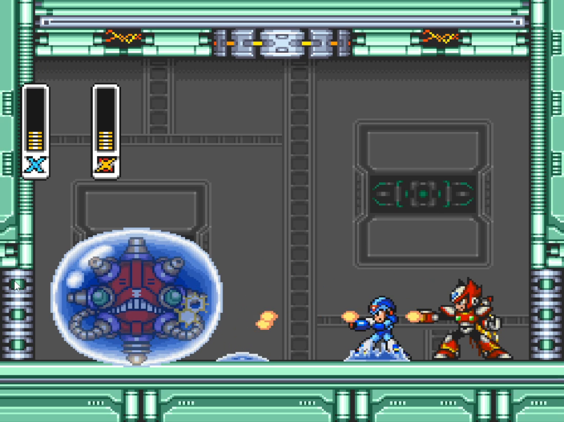 X and Zero fighting Thunder Slimer together, with separate health bars