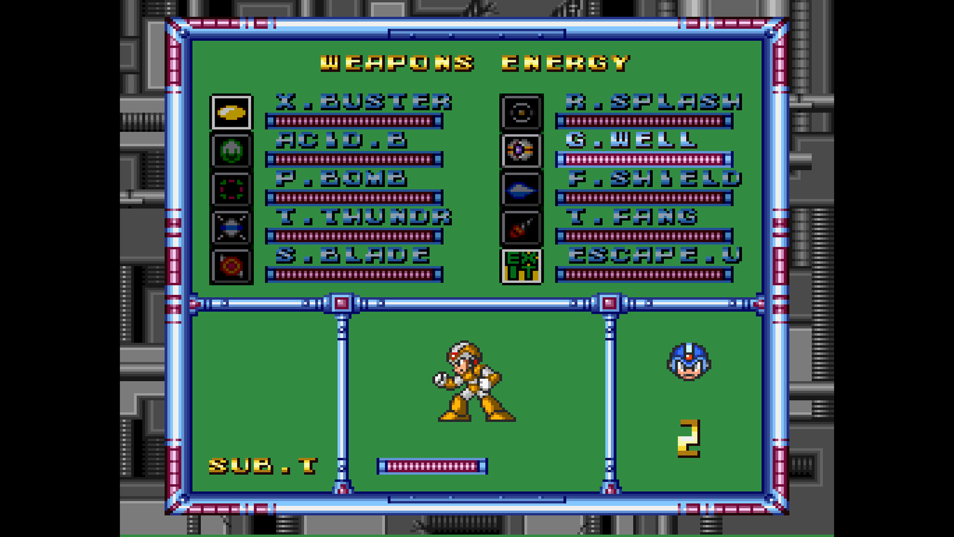 Menu do projeto mostra armas de Mega Man X3 disponíveis por importação