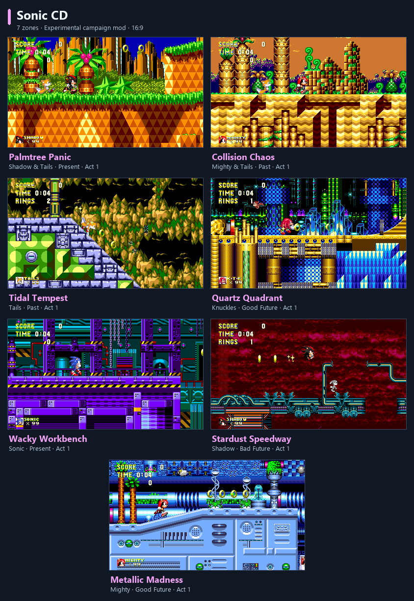 All seven Sonic CD zones, showing Present, Past, Good Future and Bad Future with S3K characters