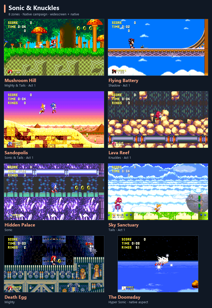 All eight Sonic and Knuckles zones, with varied characters and Hyper Sonic in The Doomsday