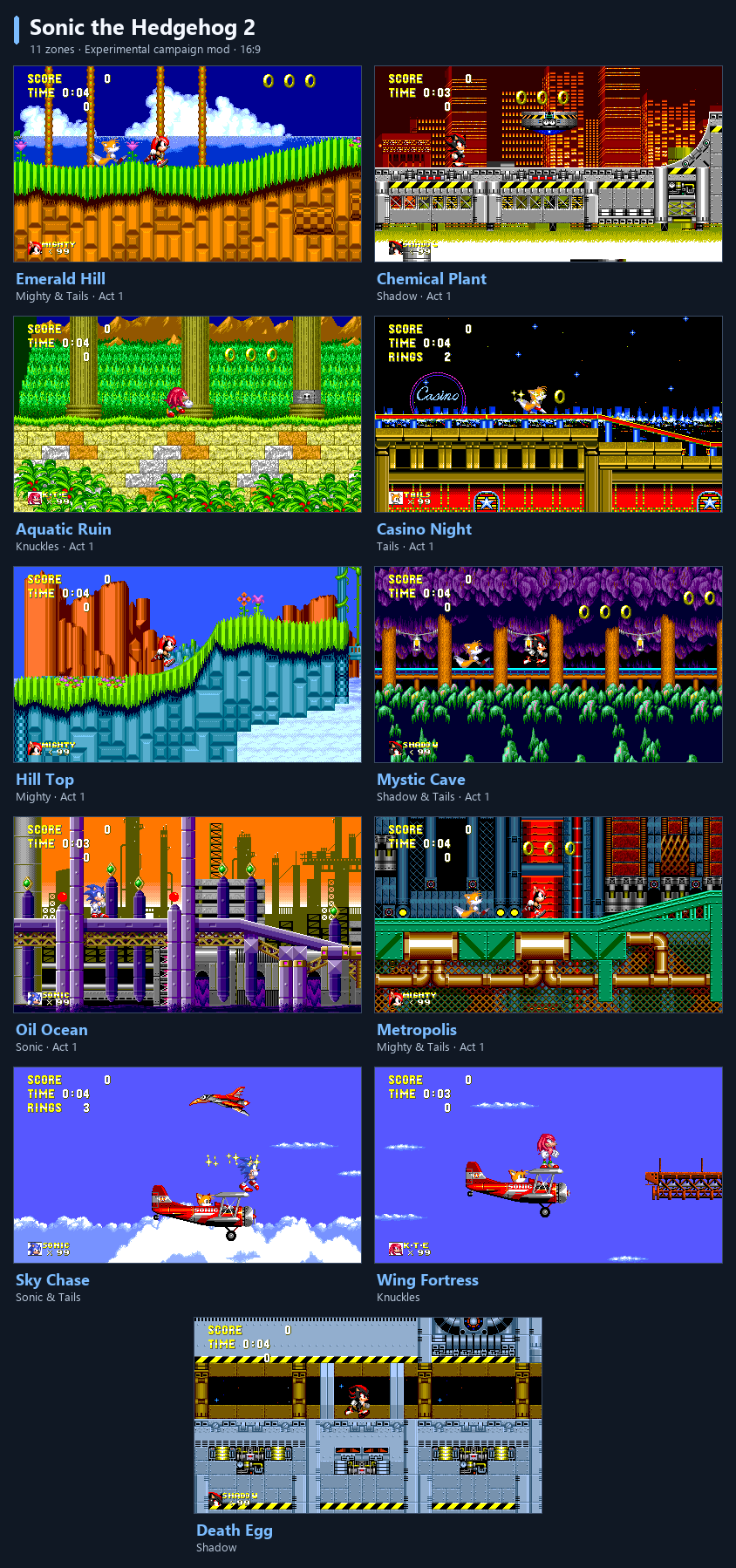 All eleven Sonic 2 zones with a mix of the playable characters and Tails pairings