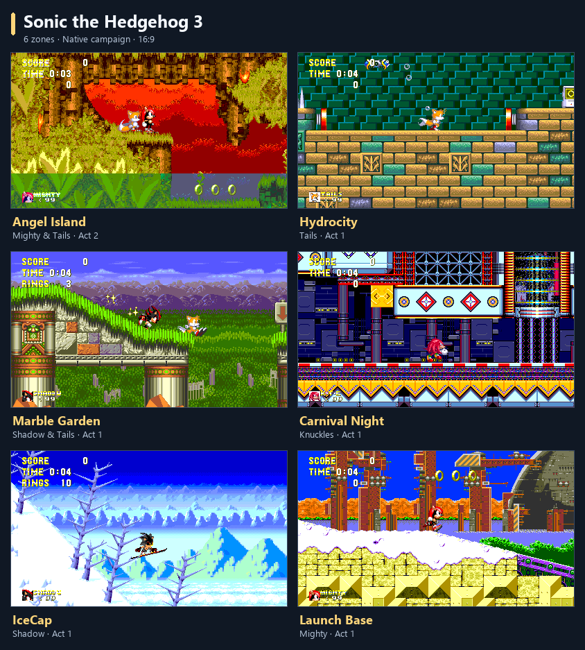 All six Sonic 3 zones, including Mighty in Angel Island and Shadow snowboarding in IceCap