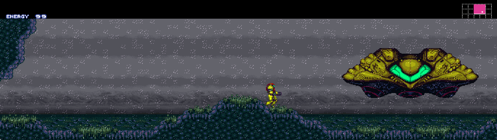 Super Metroid landing site rendered in ultrawide with edge-anchored HUD