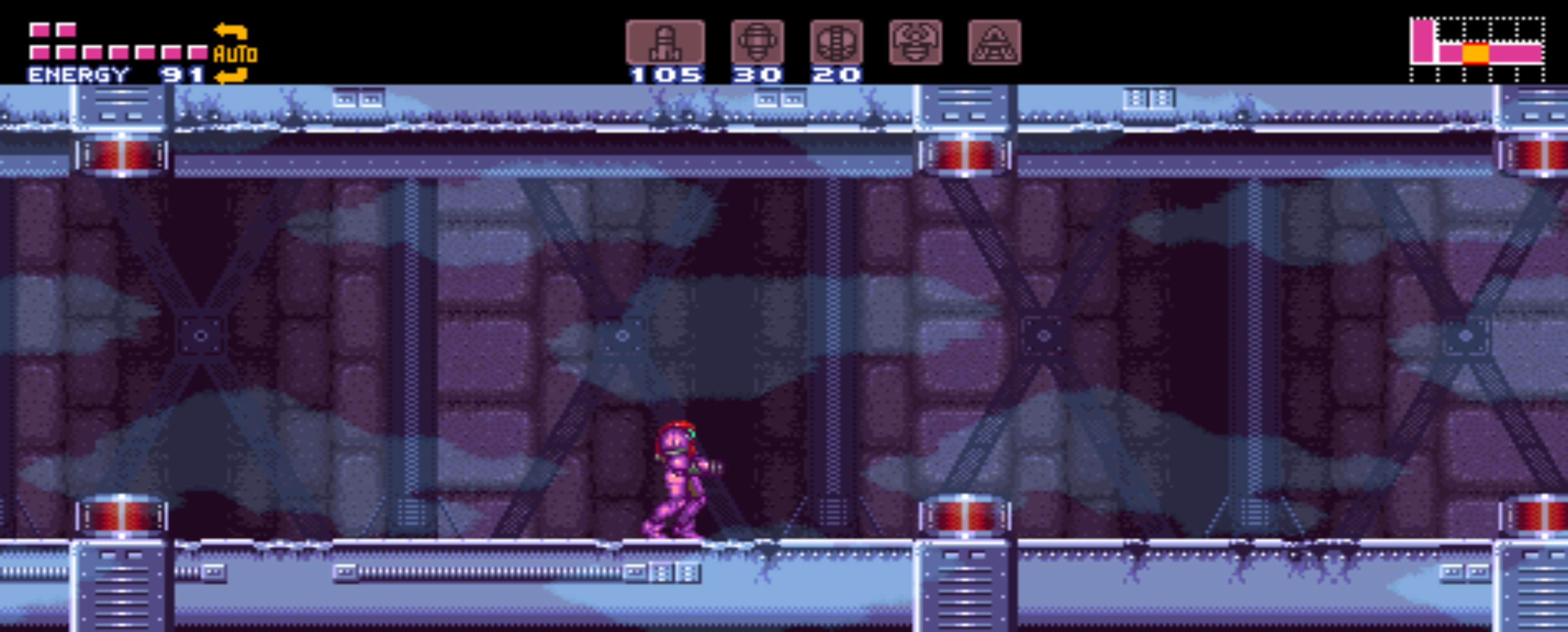 Super Metroid Tourian gameplay with the widescreen renderer and populated HUD