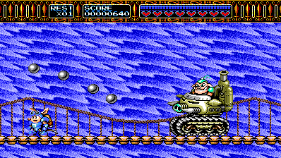 Sparkster fights the tank boss on a suspension bridge in adaptive widescreen