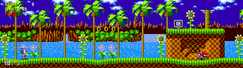 Sonic 1 Green Hill in 32:9, with expanded terrain and visible enemies