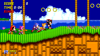 Sonic 2 development party with Sonic, Tails, Knuckles, Amy, Mighty and Shadow enabled in Emerald Hill